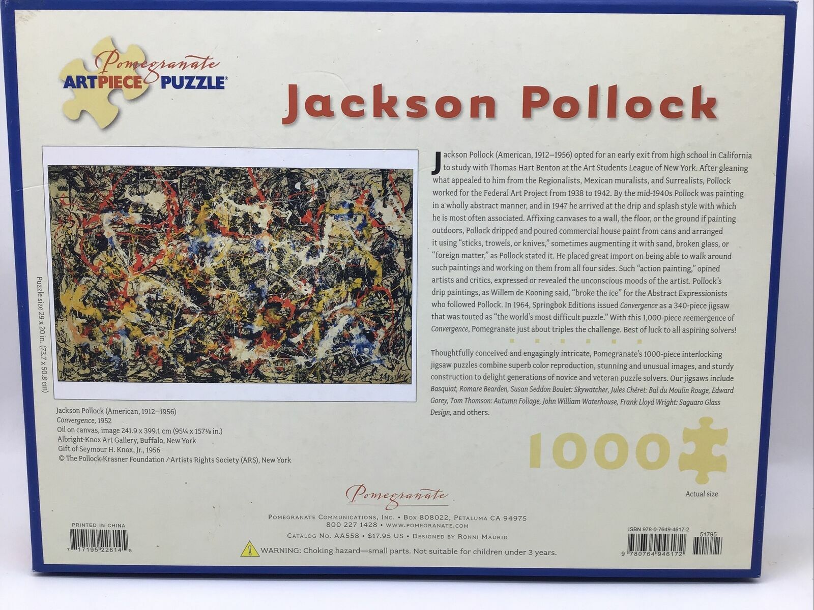 1952 Jackson Pollock Puzzle 1000 Convergence Abstract Art Painting Gift
