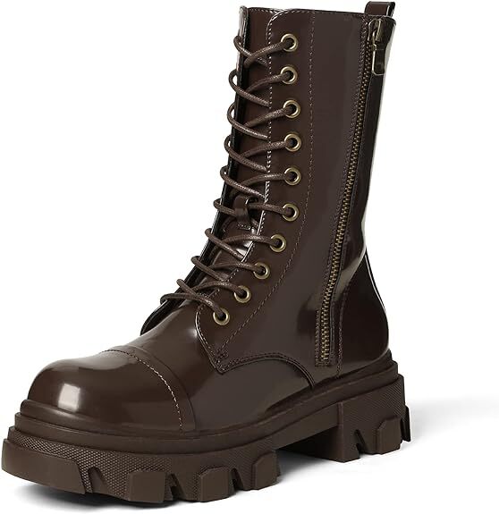 Women's Brown Chunky Low Heel Mid Calf Combat Lace Up Boots-image