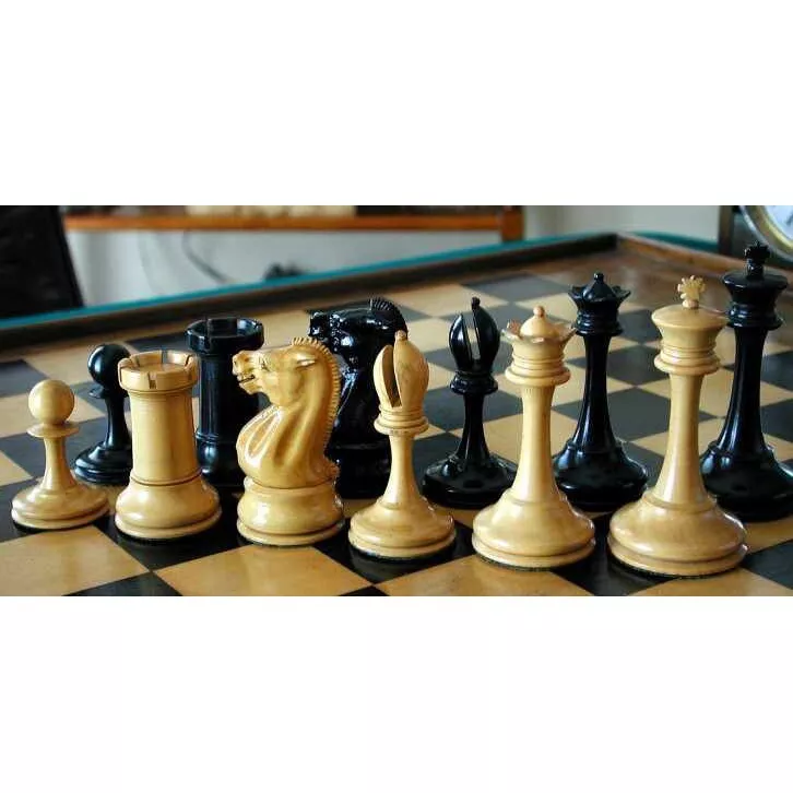 Reproduced Antique Circa 1895 Ayres English Made Club Chess Pieces in Ebony  / Antiqued Box Wood - 4.3 King