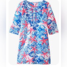 Lilly Pulitzer girl swim cover tunic dress 3/4 sleeve Pink Blue Starfish Dress M