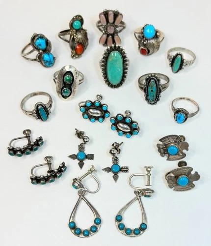 Vintage Native American 15 Item Lot Sterling Silver Gemstone Rings & Earrings
