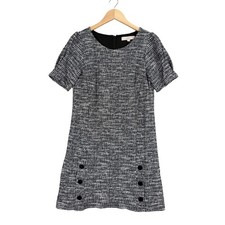 Loft Tweed Shift Dress Womens 4 Black White Textured Button Detail Puff Sleeve