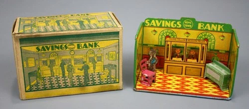 Vintage Marx Home Town Savings Bank w/ Original Box & Accessories, Tin, 1930s