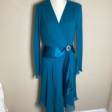Donna Ricco Vintage 100% Silk Teal Blue Wrap Dress Rhinestone Buckle Size 8