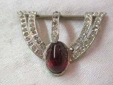 Vtg Art Deco silver tone partial Belt Buckle red Cabochon clear Rhinestones