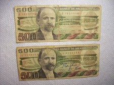 LOT OF TWO EL BANCO DE MEXICO 500 PESOS BANKNOTE S- 1983 AND 1984
