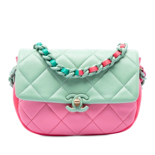 Chanel Mini Tricolor Lambskin Lacquered Chain Flap Pre-Loved Shoulder Bag Green