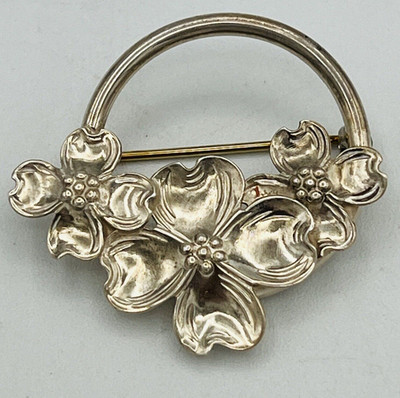 Vintage Signed G Triple Dogwood Floral Sterling Silver Brooch Round 1.5'' Pin 925