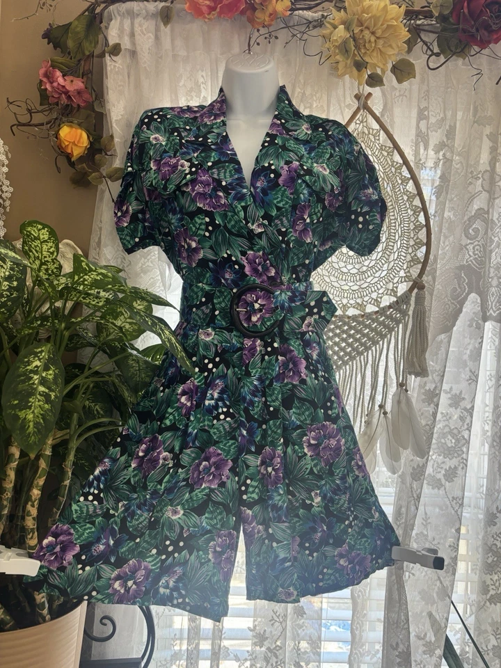 Mono tropical vintage años 80 floral con cinturón mono Cottagecore años 90 Foto 2 de 4