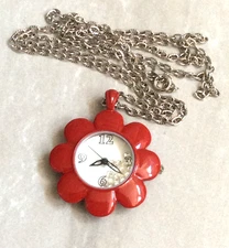 Red Flower Quartz Watch Pendant on Silver Chain Necklace for Women Lady NEW!