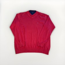 Tommy Hilfiger Red V-Neck Jumper Size L 100 Cotton Logo Casual