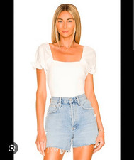 Show Me Your Mumu White Puff Sleeve Bodysuit L Square Neck Stretch One Piece Mad
