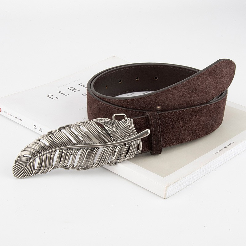 Cinturón ajustable de cuero real con diseño de mujer hoja fina pluma hebilla plateada