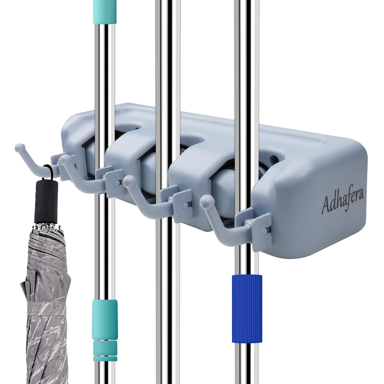 Adhafera Broom and Mop Holder Wall Mounted - Tidy 3 Racks 4 Hooks, Blue