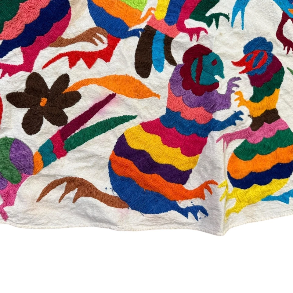 Handmade Otomi Embroidery Vibrant Folk Art Mexico Tenago Round 67" Birds Animals - Image 3 of 4
