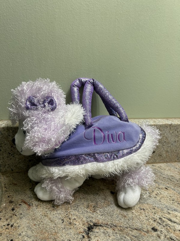 Diva Girls Poodle Dog Clutch Purse Stuffed Plush Toy White & Purple Sparkle