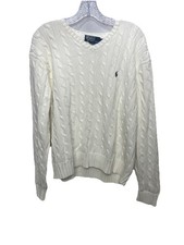Polo Ralph Lauren White Cable Knit Sweater Pony V Neck Womens Large Preppy