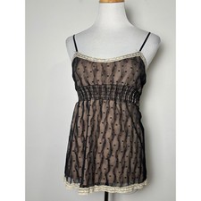 Top da donna vintage Y2K capriccioso babydoll cami S nero trasparente maglia pizzo fata grunge