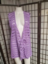 Vtg 70s Handmade Knit Crochet Vest M-L Granny Chic Boho hippie Ties Yarn Top