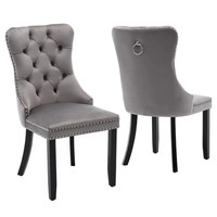Pack of 2 Grey Velvet Dining Chairs with Knocker Ring, Button Tufted Backrest