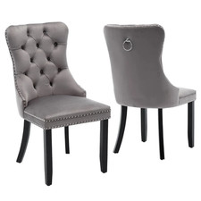 Image of Pack of 2 Grey Velvet Dining Chairs with Knocker Ring, Button Tufted Backrest