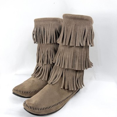 Minnetonka Womens Gray Suede 3 Layer Fringed Mid-Calf Moccasin Boot SZ 10