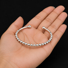 Sterling Silver Beaded Cuff Bracelet Handmade Minimalist Stackable Open Bangle