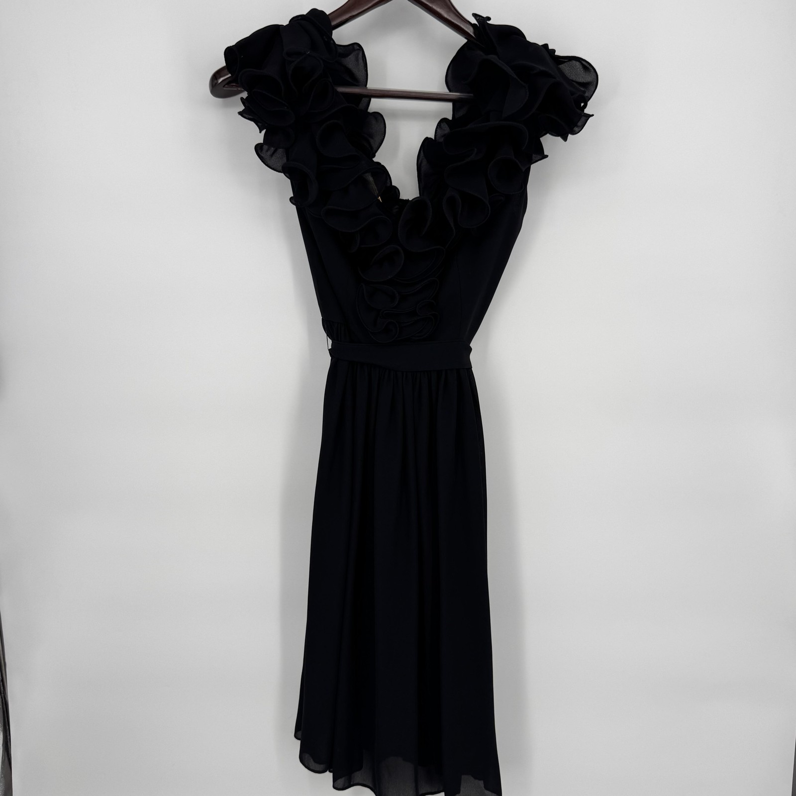 Vintage Ruffle Chiffon Dress Womens Petites 10 Black Fit & Flare Midi Party