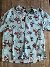 RF Brand Skull Tiki Floral Hawaiian Button Up Shirt Short Sleeve XXL Blue NWT