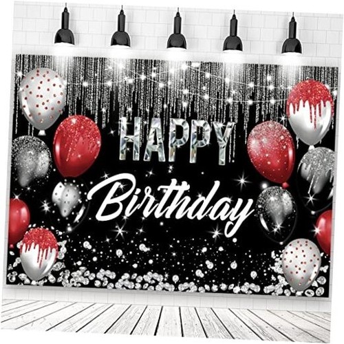 Red Silver Black Happy Birthday Party Backdrop Glitter Balloons 7x5ft
