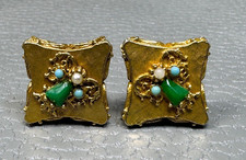 Vintage Multi Stone Scroll Border Yellow Gold Plated Cuff Links