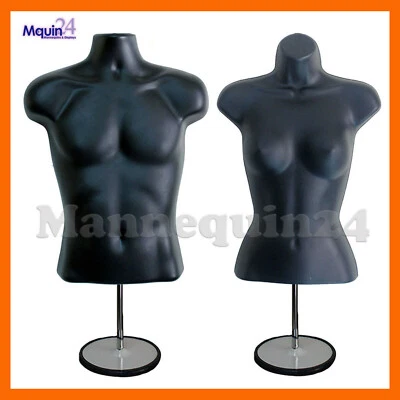 DISPLAYTOWN 2 Pack Mannequin Torso Body Forms Set Male Female Black w/2 Stands + 2 Hangers