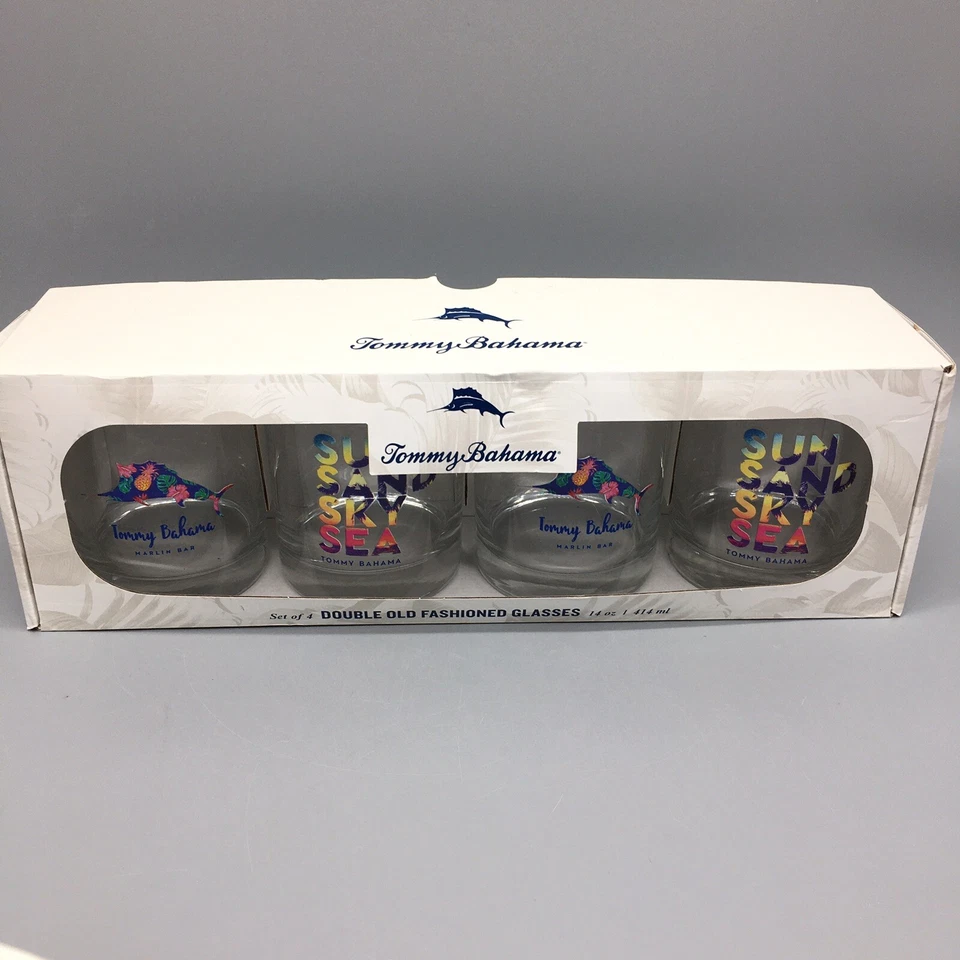 4 TOMMY BAHAMA Doble Antiguo Juego de Vidrio Marlín Verano Océano Playa Tropical Foto 4 de 4