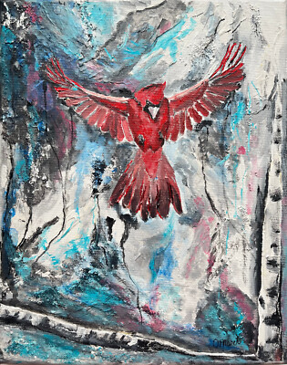 Cardinal Painting Red Bird Original Art Red Cardinal Textured Painting Canvas