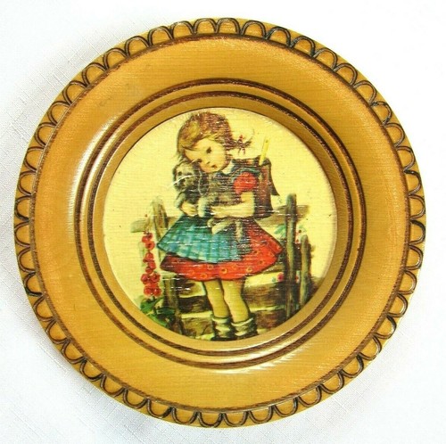 Vintage Hummel 6.5" Round Wood Wall Plaque School Girl w/ Puppy