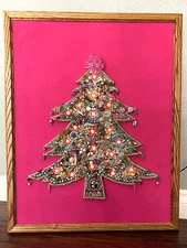 Vintage Large Framed Christmas Tree Costume Jewelry Art Collage Light Up 24"x30"