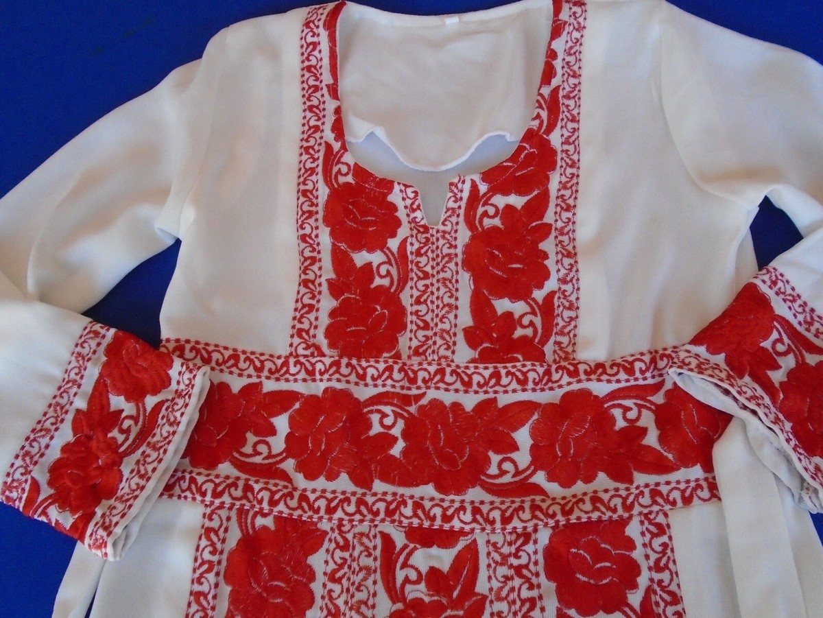 Vintage Red White Girls Mexican Oaxacan Long Dress Machine