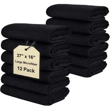 Black Large Microfiber Towel 12-Pack Rag Car Wash-Cloth Drying Cleaning Waxing
