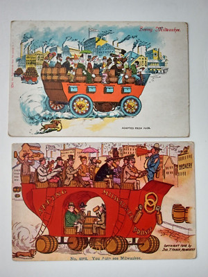 2 SEEING MILWAUKEE WISC WI POSTCARD 1910 PABST BEER BREWERY WAGON PUCK MAGAZINE