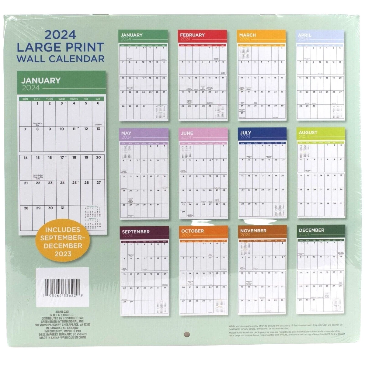 2024 Large Print Big Blocks Calendar For Notes Organizer Four 2023 Bonus  Months | eBay