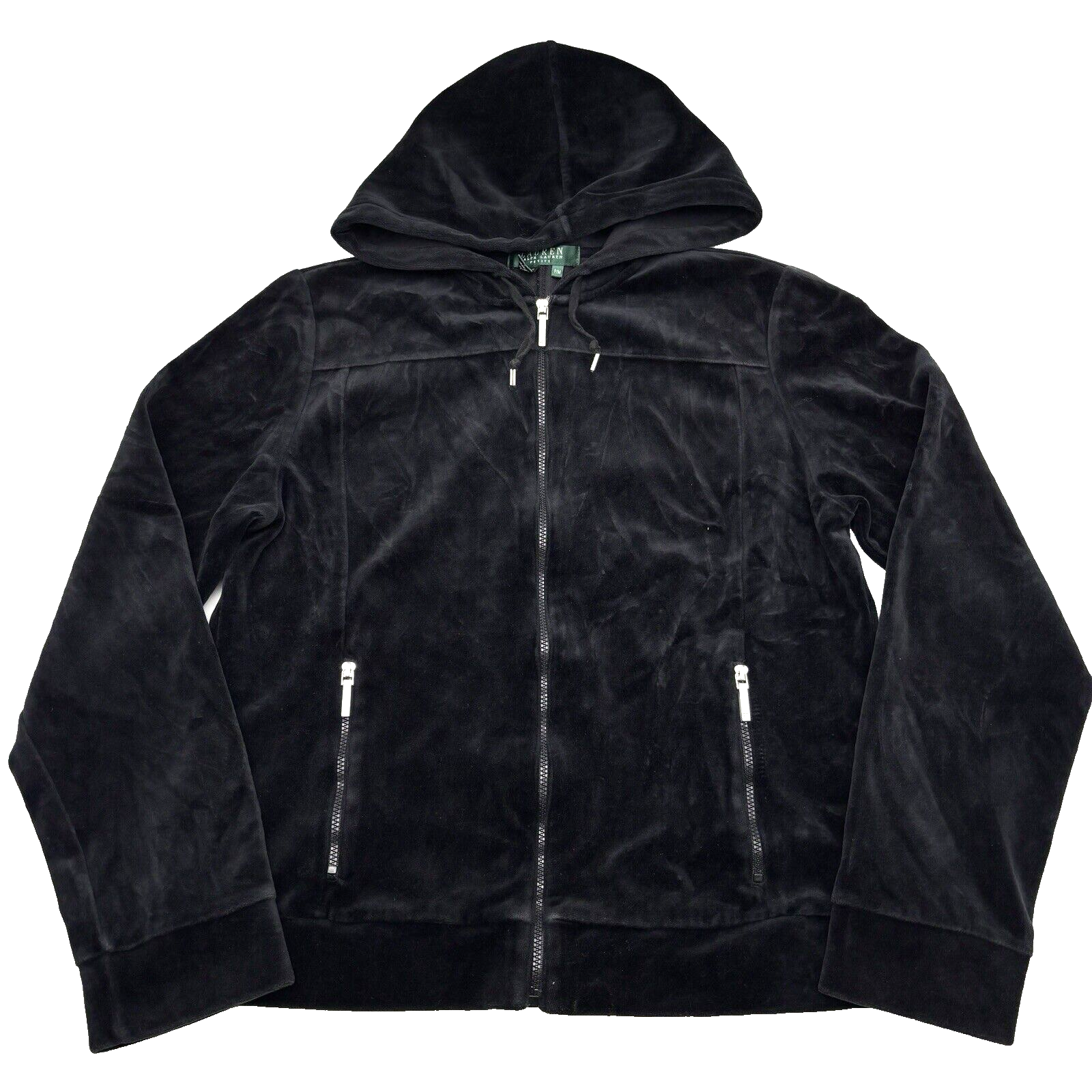 Vintage 00s Y2K Lauren Ralph Lauren Black Velvet Velour Zip Up Hoodie Jacket P/M