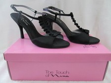Touch of Nina Slingback Size 7 Black Satin Grosgrain Ruffle Trim