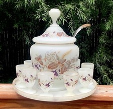 Moser Czech Bohemian Opaline Art Glass Enameled Punch Bowl and 9 Punch Cups