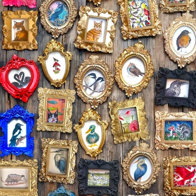 Birds & Animals mini prints of my paintings in vintage style ornate frame, decor