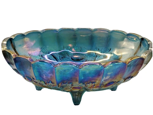 Indiana Glass Vintage Carnival Glass Blue Harvest Fruit Footed Oval Bowl