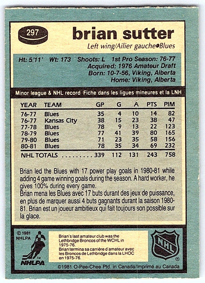 1981-82 O-Pee-Chee Brian Sutter St. Louis Blues #297 - Image 2 of 2