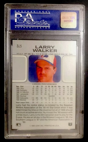 LARRY WALKER 1990 LEAF ROOKIE #325 GRADED PSA 9! HIGH END! DEAD CENTERED! HOF! - Picture 2 of 2
