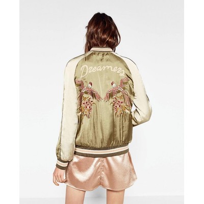 BNWT ZARA KHAKI  BOMBER JACKET WITH BIRDS EMBROIDERY s.Small  REF.7521/090