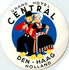 Grand Hotel Central ~DEN HAAG - HOLLAND~ Artistic / Charming Luggage Label 1950