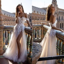 Sexy High Split Off the Shoulder Lace Wedding Gown,Tulle Princess Wedding Dress